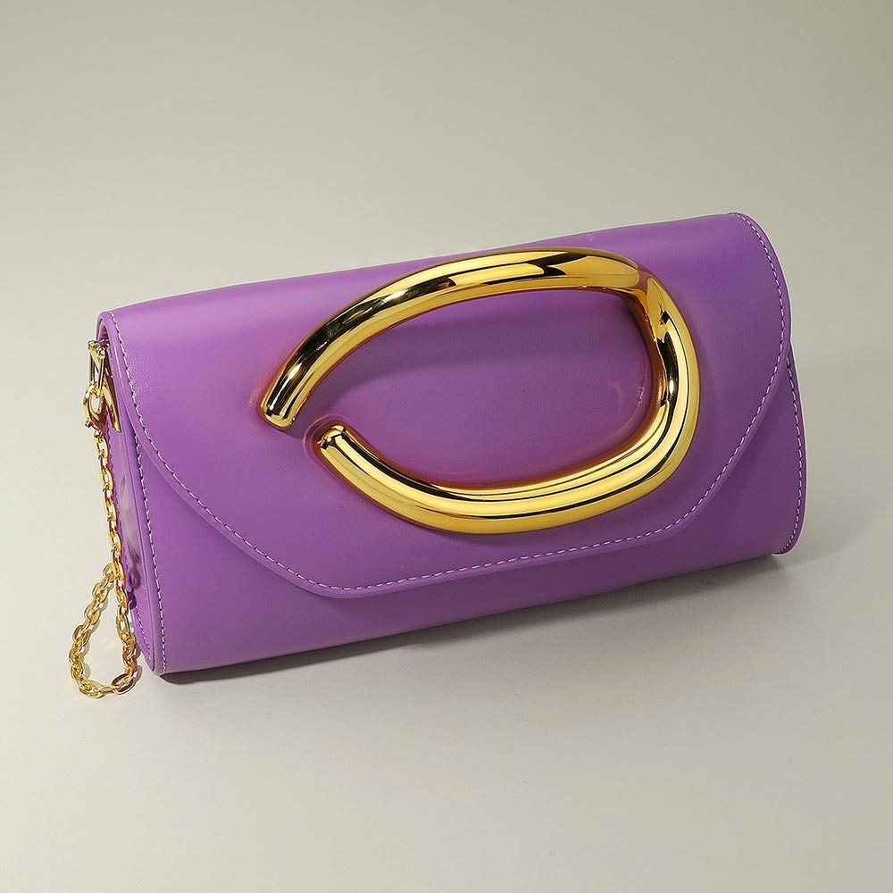 Purple Gold Formal Bold Hardware Leather CrossBody Clutch Purse Bag